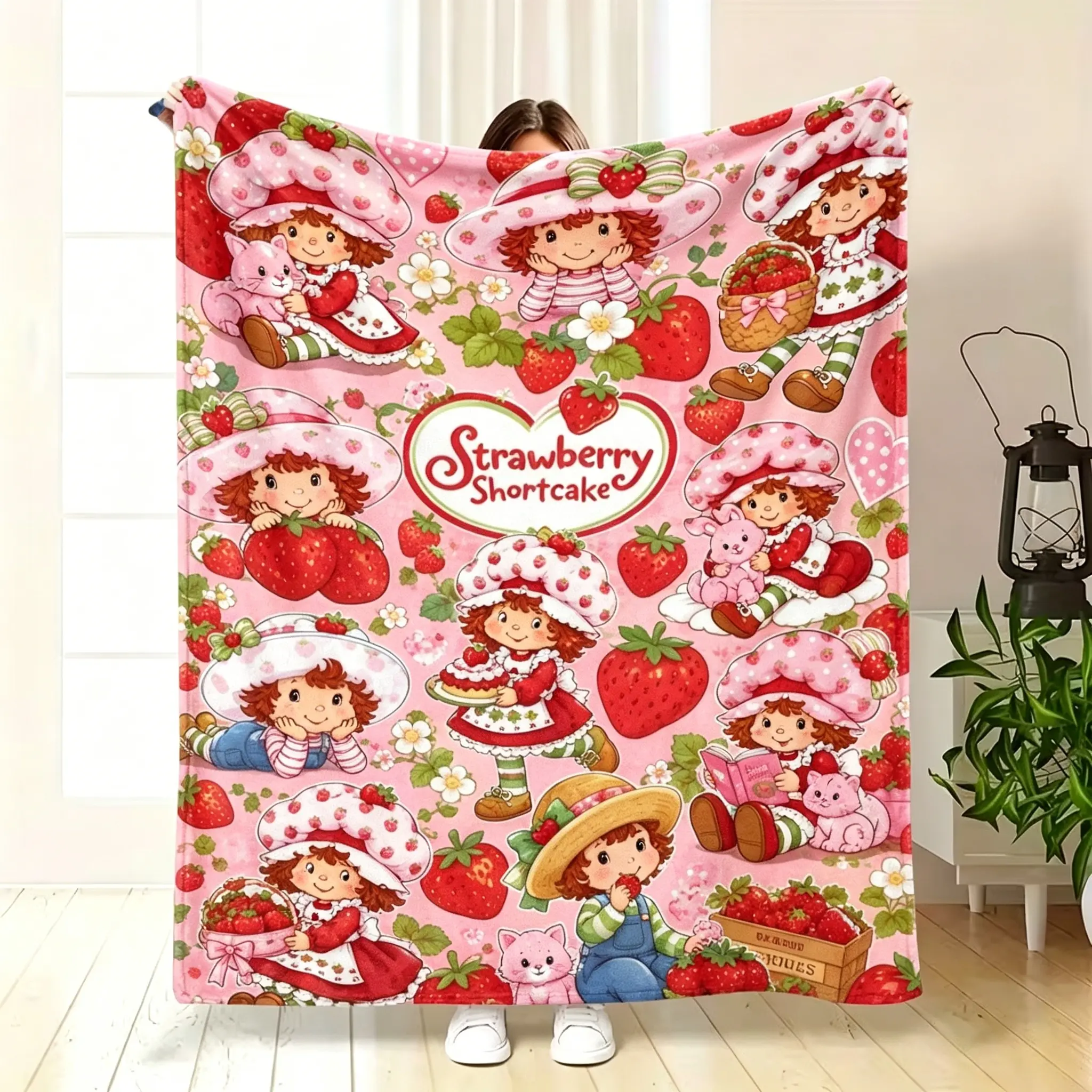 Strawberry Flannel Printed Cozy Throw Blanket - Soft Lightweight Fleece Bedroom Sofa Decorative Blanket, Cute Pink Gift for Girls, Bedroom Sofa Blanket