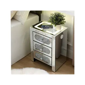 outstanding quality  Sier Nightstand Mirrored End Wireless USB Type C Charging Modern LED Side Table with Crystal Drawers Storage Cabinet for Bedroom Living Room No Assembly Needed