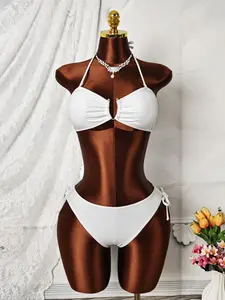 Women's Solid Color Bikini Top and Bottom Set, Fashion Swimsuit, Drawstring Bathing Suits, Drawstring Ruched Bikini Bottoms, Perfect for Vacation and Beach Wear, Comfortable Fit for All Body Types