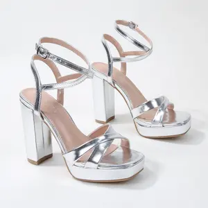 BERNESS Women's Elegant Crisscross Straps Platform Block Heel Sandals - 5in Ankle Buckle Strap, Cushioned Memory Foam PU Leather Insole, Square Toe Shoe for Party Wear Footwear, Heels Shoes for Women
