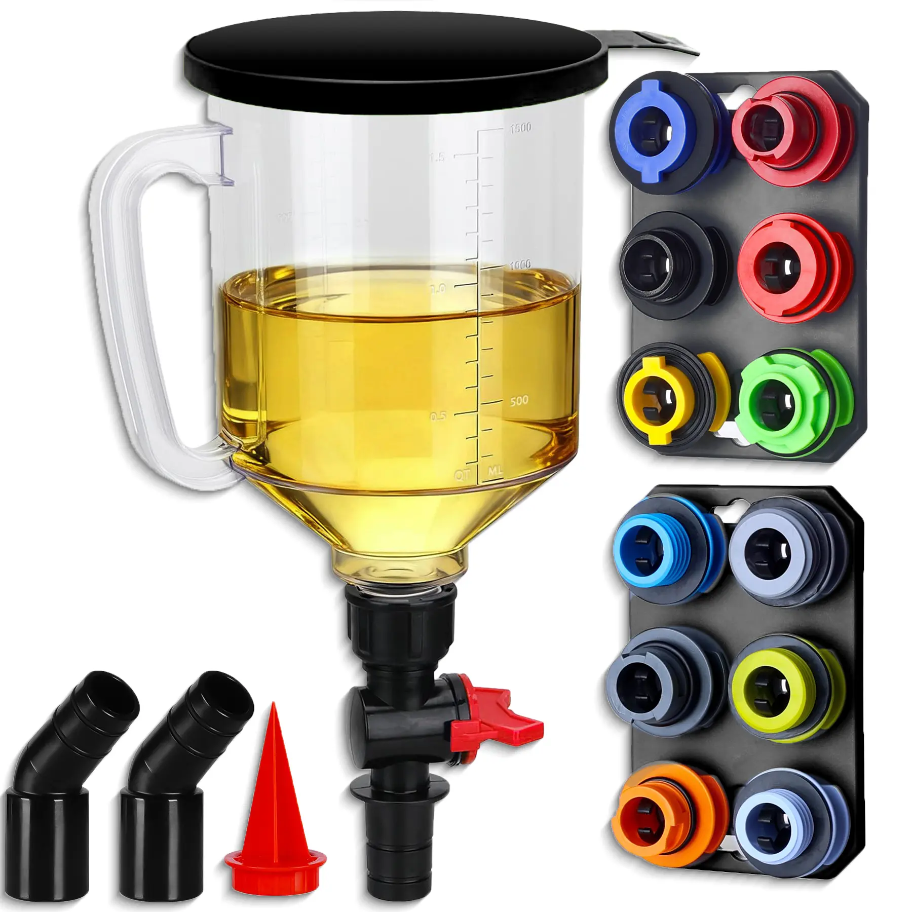 DARK DUCK 18-Piece Plastic Universal Oil Funnel Kit - 12 Color-Coded Adapters, Magnetic Storage Trays, 45° Elbow Extensions, 1.5L Capacity - Car Fluid Filling Hand Tools (Fits Most Vehicles)