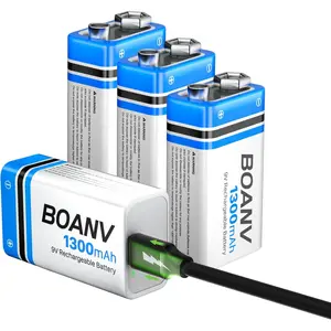 4PCS 1300mAh 9V USB Rechargeable Lithium Long Lasting Batteries with 2 in 1 Charging Cable for Smoke Detectors Alarms Keypad Microphone