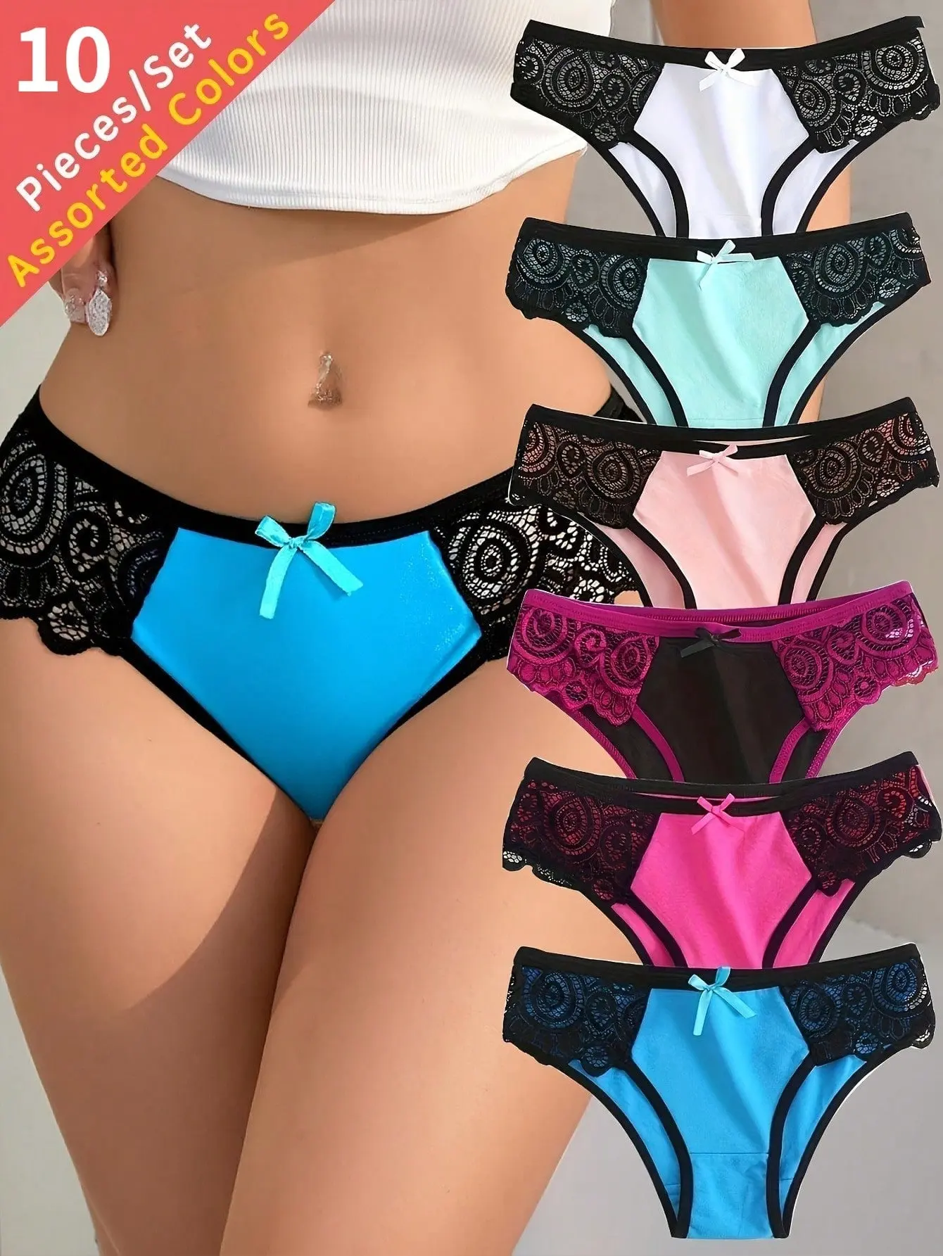 10PCS-Seamless Stitched Triangle Panties, Low-Rise Underwear with Lace Bow, Soft for Everyday Sport Wear