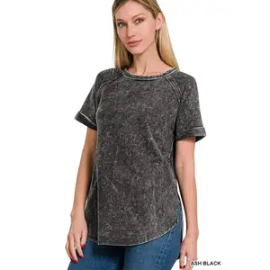 Acid Wash Short Cuff Sleeve Pullover Casual Cotton