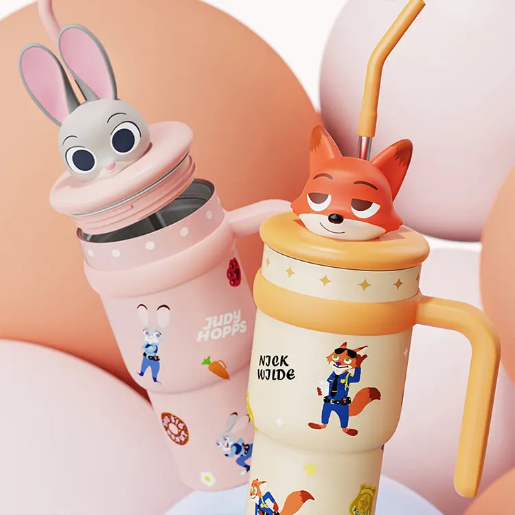 Disney Series Vacuum Insulated Flask Tumbler - Large Capacity Casual Travel Cup with Straw & Handle, Zootopia (Nick/Judy)/Strawberry Bear/Stitch Designs, Ideal Holiday Gift for Kids, Coffee Drink Storage, Insulated Cups