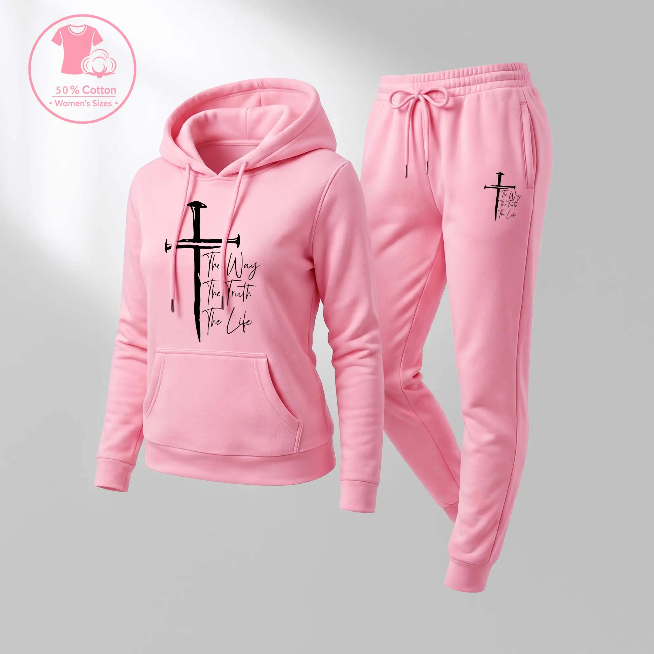 Women's Jesus on the Cross Print Hoodie & Drawstring Sweatpants Set Casual Sportswear Long-Sleeved Hooded Jacket & Pants for Autumn Winter Everyday Wear Indoor Outdoor Sportswear