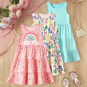 3-Pack #SummerVibes Girls Sleeveless Dress Holiday Gift Party Children's Casual Stylish Hot-Selling Little Girls Fashionable Versatile Casual Dress with Rainbow & Polka Dot Patterns