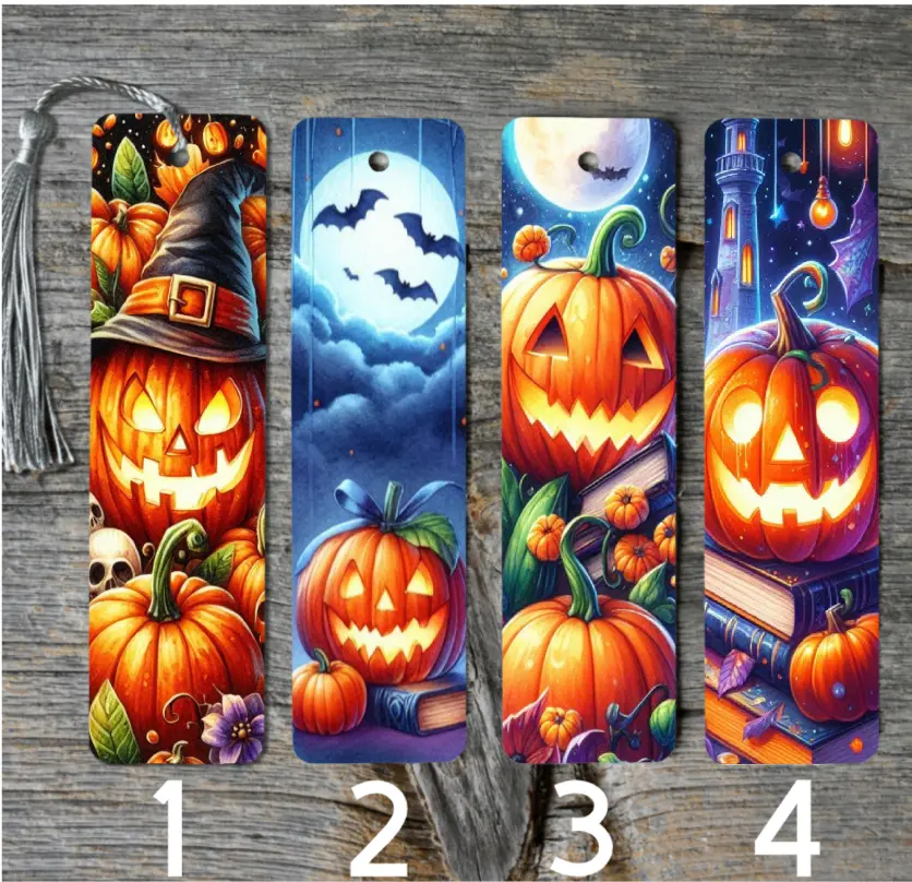 Glossy Finish Rectangular Pumpkin Themed Metal Bookmarks (2x6 in) - Unisex Stocking Stuffers, Unique Gift for Book Readers, Friends with Tassels, No Extra Bulk