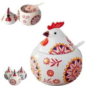 13.5 Oz Salt Cellar With Lid and Spoon (Red)- Ceramic Chicken Spice Jars for Salt, Sugar, Pepper - Spice Containers for Countertop
