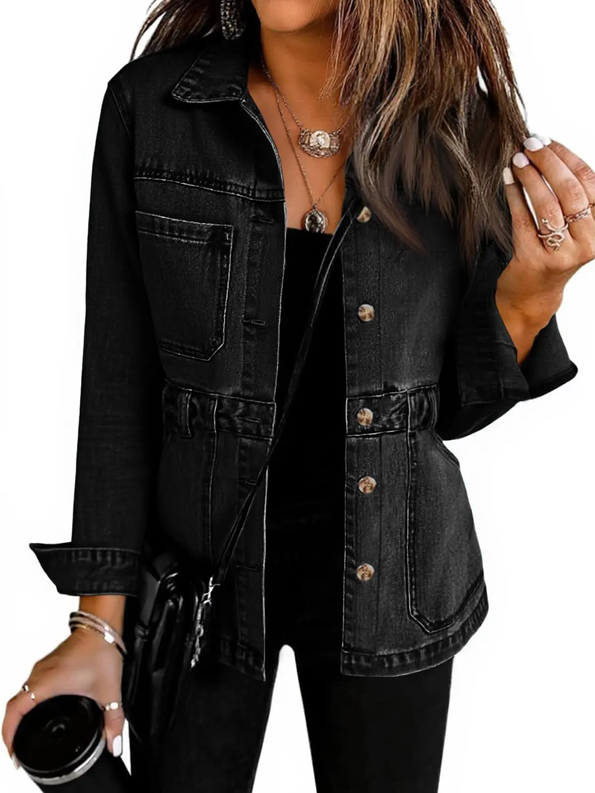 Women's Distressed Denim Jacket, Oversized Collared Button-Front Casual Shacket with Pockets, 2025 Casual Outerwear Coats, Tops, Blue Denim Women's Lightweight Jackets