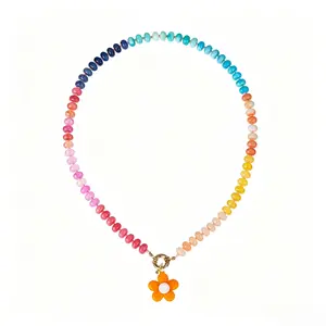 Women's Dopamine Color Natural Cracked Flower Glass Beaded Necklace - Trendy Costume Jewelry with Yellow Flower Pendant for Office, Casual Wear