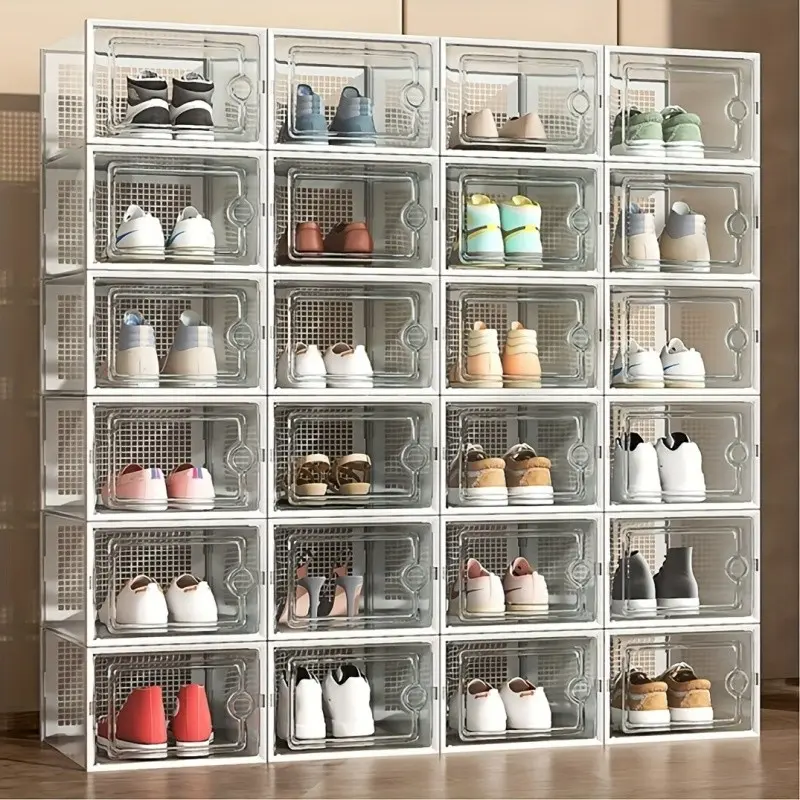24-Piece Transparent Stackable Shoe Storage Box Set, Clear Shoe Storage, Adjustable Organizer Set, Shoes Organizer Cabinet, Shoe Rack Holder, Doorway Assembly Shoe Cabinet, Transparent Shoe Boxes, Durable Plastic Construction, Stackable Design, Footwear
