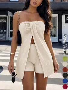 Two-Piece Set Outfit Women's Matching Solid Ribbed Strapless Crop Tube Top with Slit & Shorts, Casual Fashion Cozy Fabric for Daily Outdoor Wear, Ladies Clothes for Summer, Pajama