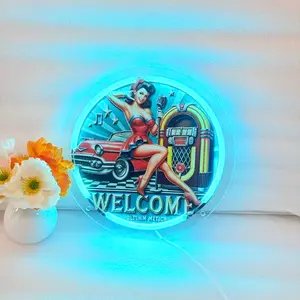 Vintage Poster Lady LED Neon Sign, Retro Car and Karaoke Wall Decor, Bar Man Cave Home Decoration, Custom Neon Sign, Men Gift
