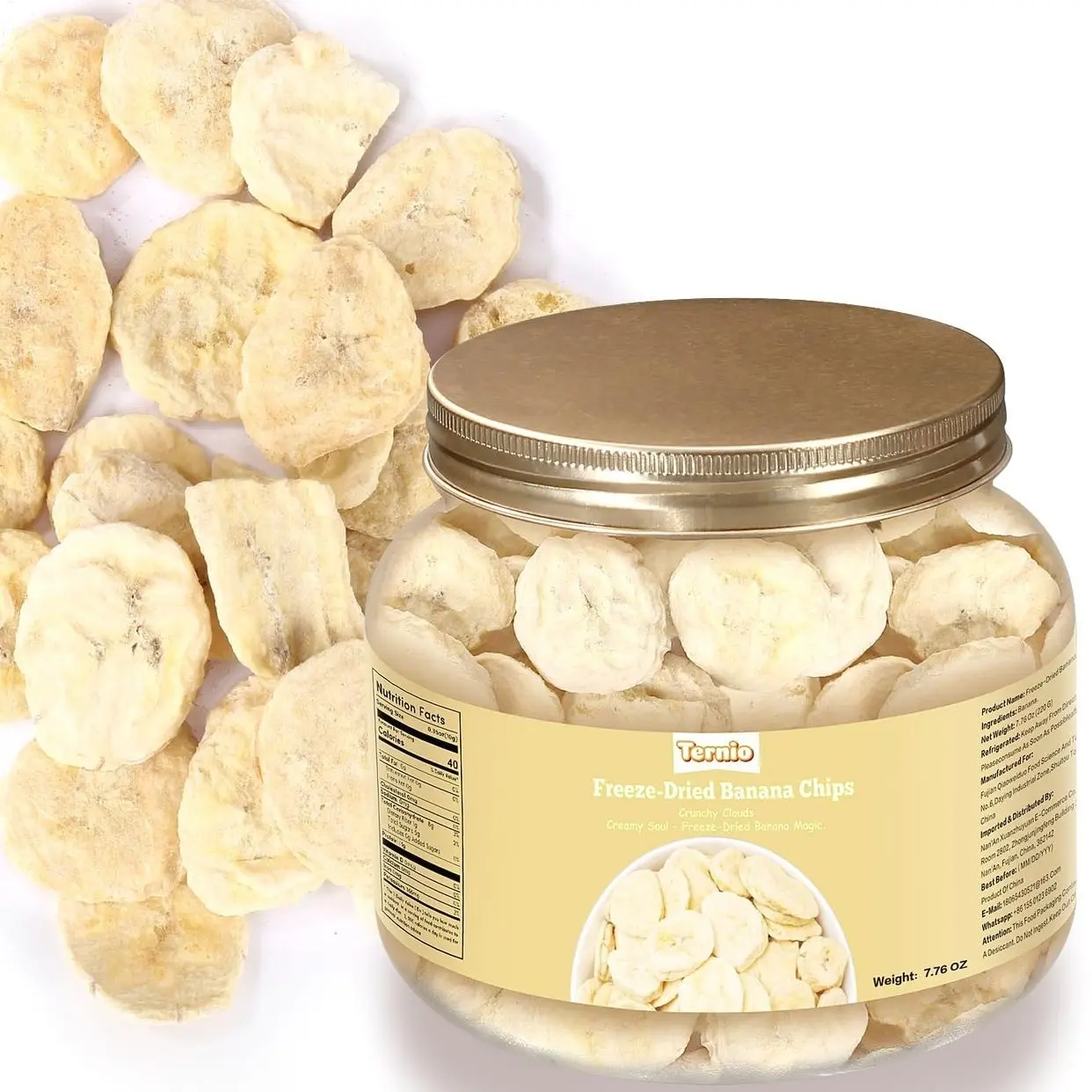 Ternio Premium Freeze Dried Bananas - 7.76 oz / 220 g - 100% Natural, No Preservatives, Low Calorie Snack - A Sweet and Crunchy Snack for Adults and Kids