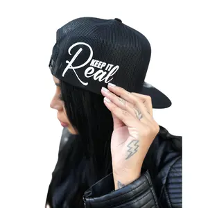 TheDriveClothing REAL CURVED BILL BLACK HAT – Snapback Trucker Cap, Black With White Print, Curved Bill & Mesh Back, Everyday Streetwear Hat