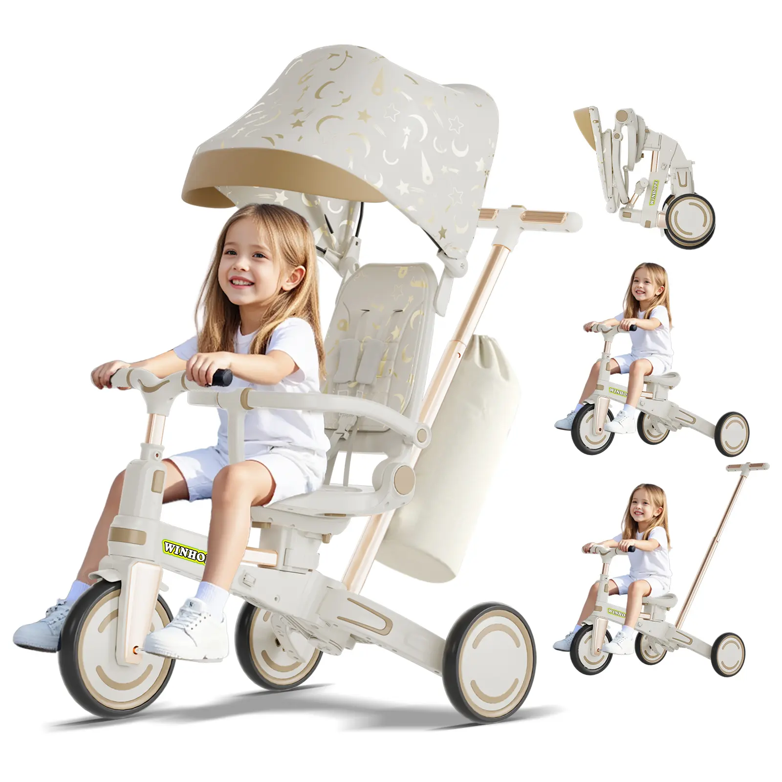 WINHOPE 9-in-1 PVC Phthalate-Free Children’s Tricycle for Parents & Outdoor Activities (Ages 1-6) - Anti-Tip Folding Frame, 1-Button Folding Design, PU Shock-Absorption Quiet Wheels