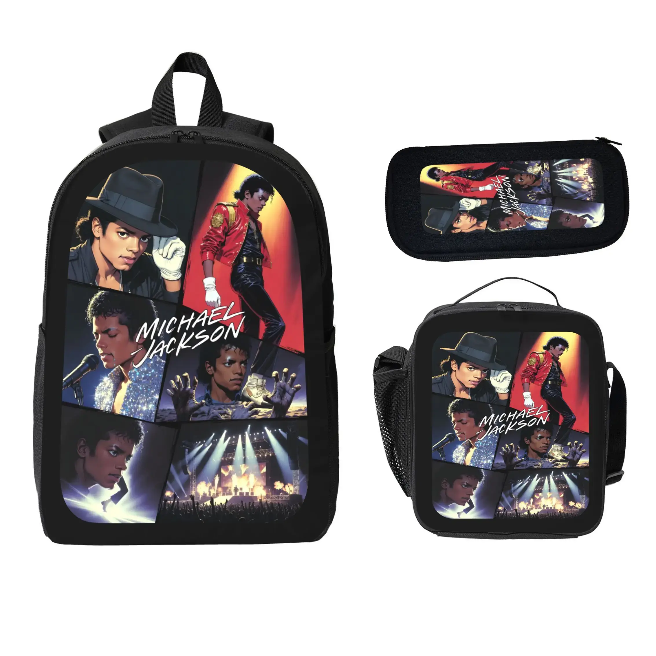 Michael Jackson Backpack Set 3Pcs Kids School Bag Lunch Bag Pencil Case Pop Music Theme Bookbag Lightweight Travel Backpack Water Resistant Outdoor Camping Daypack Back To School Gift For Boys Girls Students