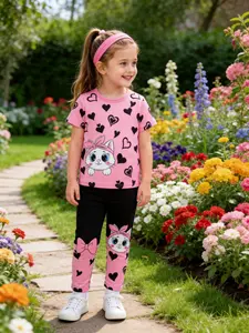 Girls' Clothing Set, 2-Piece Fashion Style Sets Cute Cat Heart Print Long Pants, Soft Comfortable Fabric, Perfect for Outdoor Activities & Cycling Gift