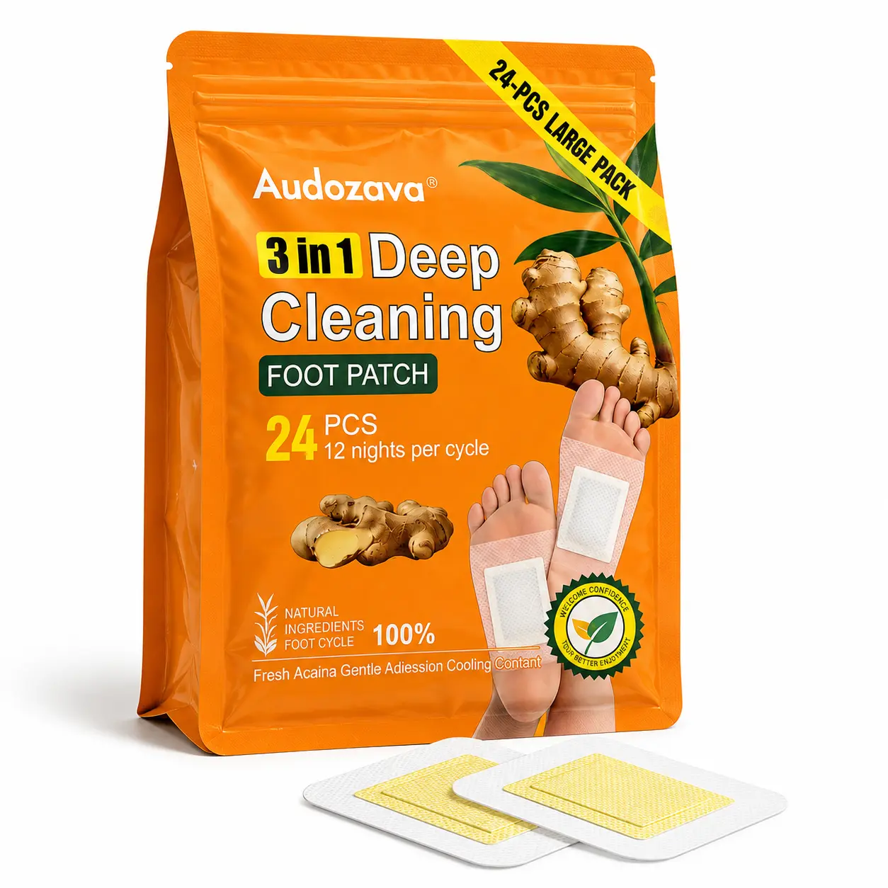 Audozava Ginger Foot Patches 24 PCS, 12-Night Value Pack, Comfortable Overnight Foot Pads with Soft Adhesive, Plant-Inspired Daily Foot Care for Home and Travel