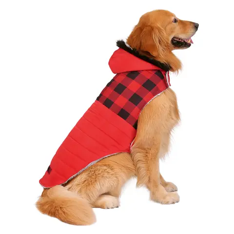 HDE Canine Quilted Striped Puffer Jacket - Fashionable, Lightweight Fabric, Water-Resistant, Windproof Hood (Shields Ears & Head), Faux Fur Accents, Leash Hole, Fleece Lining, Warm Winter Pet Coat for Small to XXL Dogs