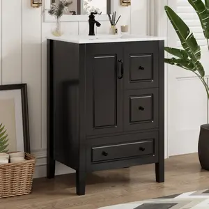 24 inch Bathroom Vanity with Sink, One Cabinet with Soft-closing Door, 3 Soft-closing Drawers, Retro Metal Handles