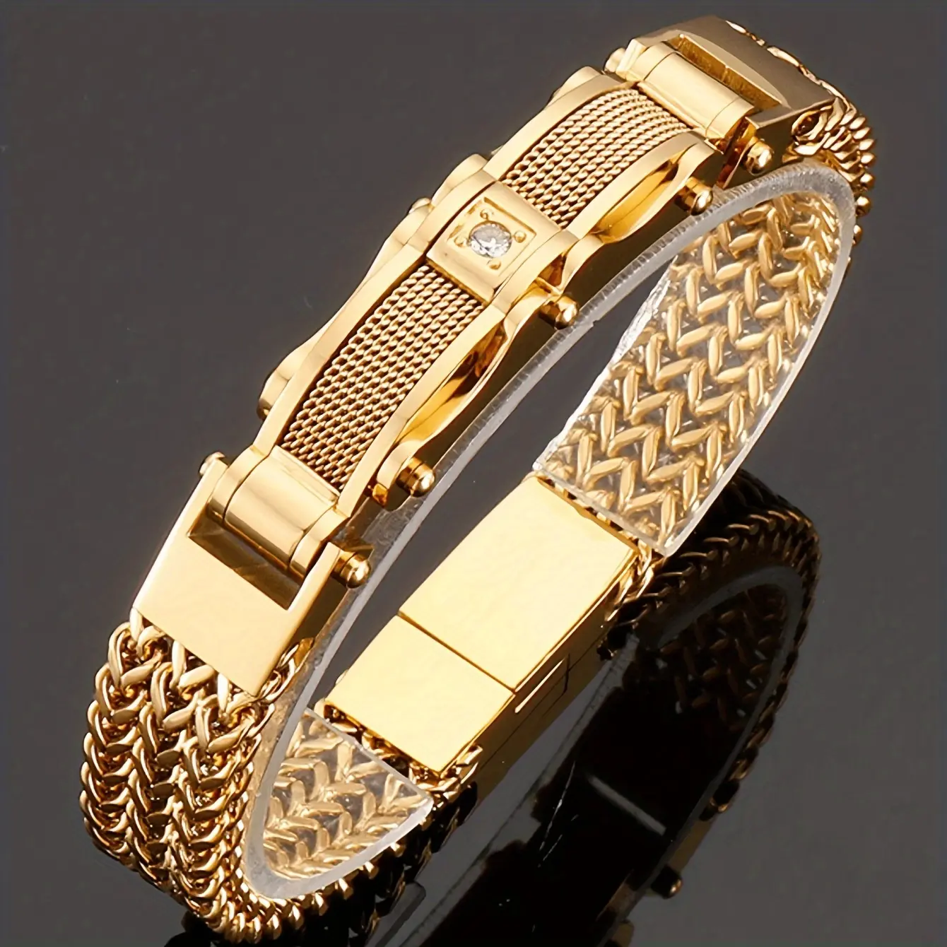 Rock and Roll Men's Bracelet, 2-Tone Stainless Steel with Metal Plated Gold, Diamond Accents Design and Synthetic Gem Inlays, Magnetic Clasp, Male