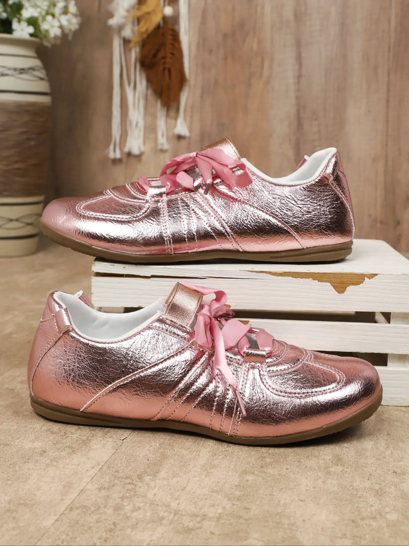 Women's Silver Metallic Ribbon Lace Sneakers, Shiny Leather Finish Casual Walking Shoes, Comfortable Breathable Sneakers, Versatile Round-Toe Leisure Shoes, Trendy Shoes
