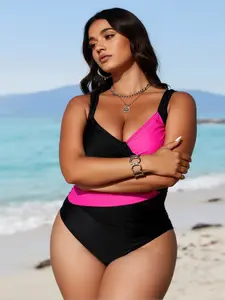 Women's Criss Cross Tummy Control Curve-Hug 1-Piece Swimsuit - Hot Pink Black Color Block with Mesh Panels, Modest Sexy Full Coverage, Chlorine Resistant Multi-Size Polyester Mix Swimwear for Beach, Pool,