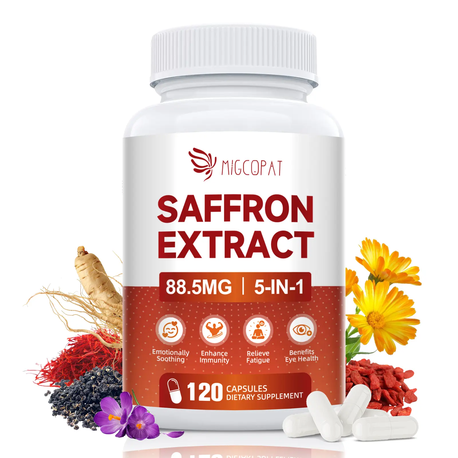Migcopat Happy Saffron Supplements 5 in 1 Saffron Capsules with 10:1 Saffron Extract 88.5mg for Mental Clarity, Digestion, Positive Mood & Blue Light Eye Health Natural Fitness Healthcare #SummerVibes