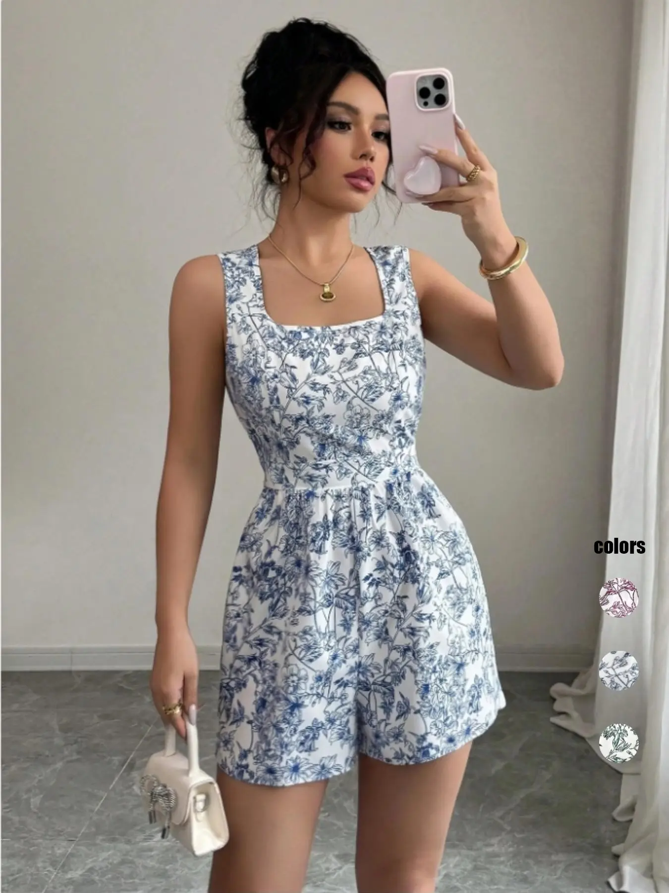 Women's Sleeveless Square-Neck Backless Floral Print Romper, Boho Casual Hippie Summer Style, Fitted Beachwear, Perfect for Vacation & Daily Wear, Womenswear