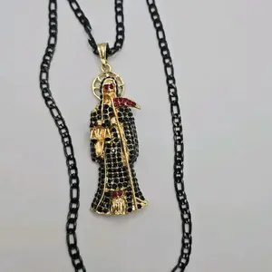 LA SANTA MUERTE fashion black necklace multi-stones black red eyes GOLD-PLATED 26"inches