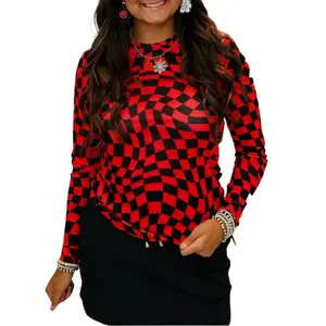 Znacicc Trendy Women's Classic Checkered Pattern Mesh Mock Neck Comfortable Winteroutfit Long Sleeve Top - Lightweight for Daily & Casual Wear Black Shirts