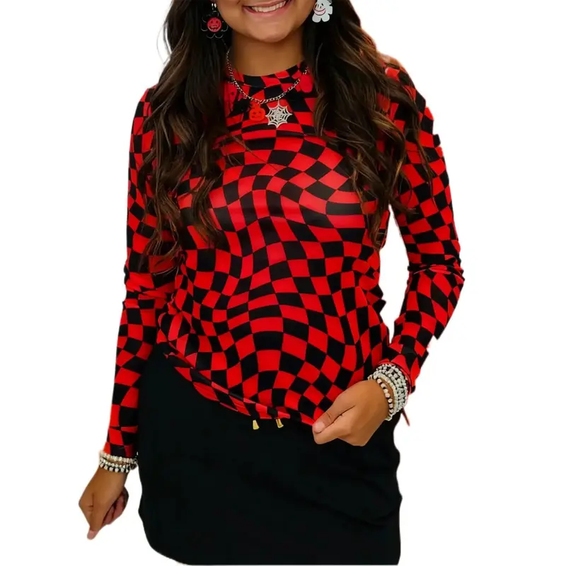 Znacicc Trendy Women's Classic Checkered Pattern Mesh Mock Neck Comfortable Winteroutfit Long Sleeve Top - Lightweight for Daily & Casual Wear Black Shirts