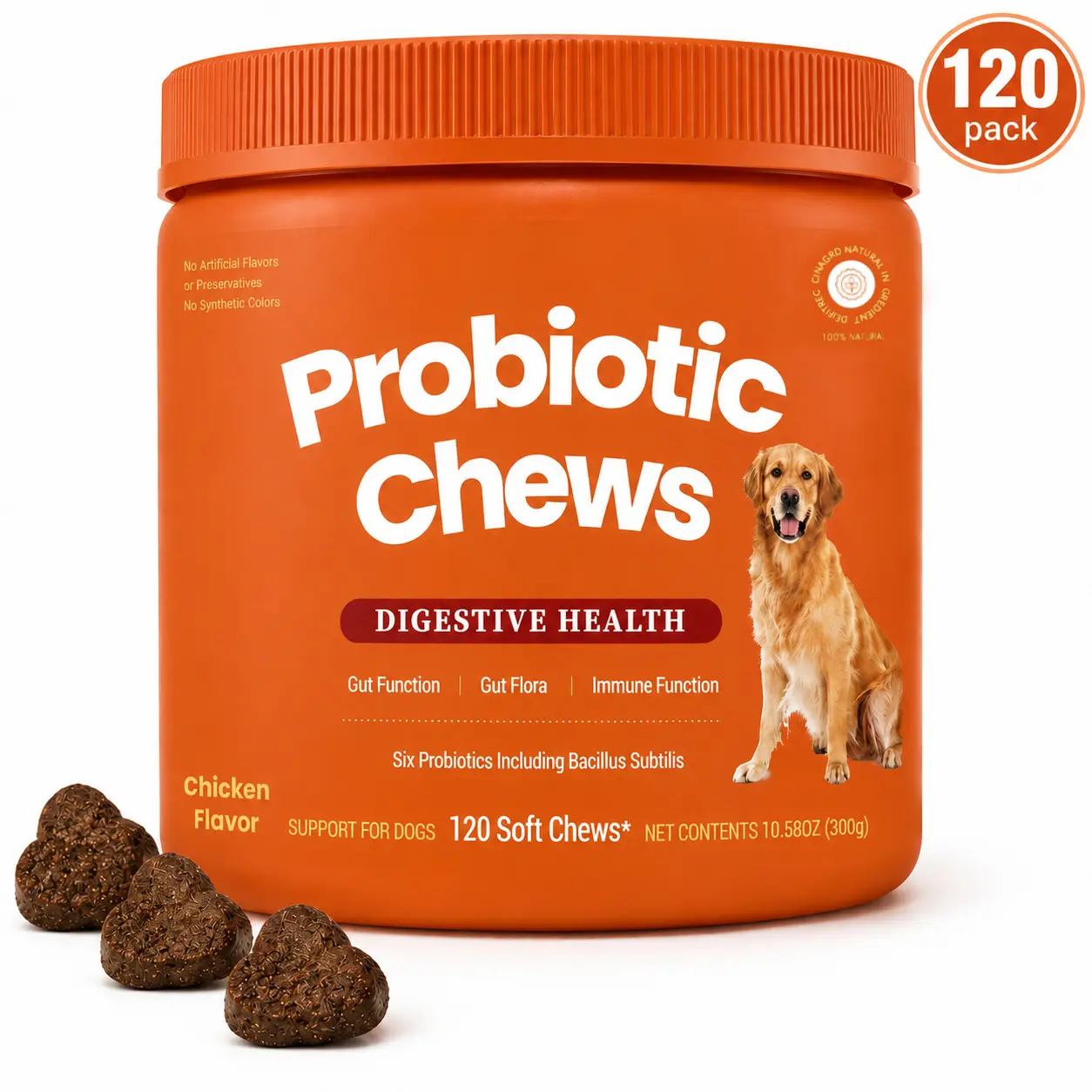 Dog Probiotic Bites - Canine Nutritional Supplement with 6 Probiotics for Gut Health, Immune Function - Chicken, Pork Flavors, 90, 120 Count