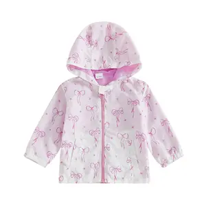 Toddler Baby Girls Jacket Bowknot Print Zipper-Up Hooded Long Sleeve Coat Fall Kids Clothes Outerwear