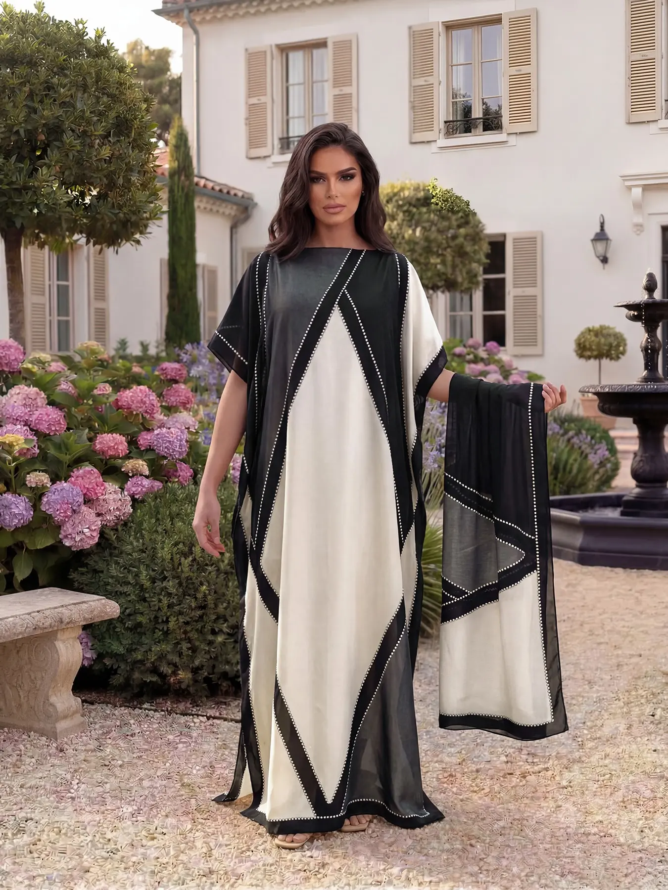 Elegant Geometric Print Shawl Set, Fitted Long Robe with Headscarf, Sun Protection Silk Scarf, Beachwear for Women, All Seasons, Swimsuit Coverup, Beach Cover Ups, Swimwear Cover Up, Beach Coverups