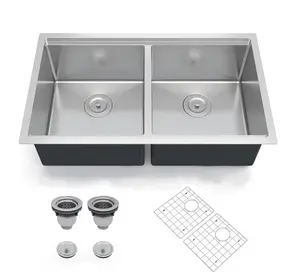Garvee 30x19 Inch Undermount Kitchen Sink, Double Bowl,16 Gauge (1.0mm) 304 Brushed Stainless Steel, 10 Inch Deep Bottom Grid & Drain Assembly