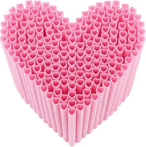 50 pcs Pink Heart Shaped Disposable Straws- Plastic Drinking Cute Straw for Valentines Day Cocktail Birthday Party Bridal Shower Wedding Supplies, Individually Wrapped, Pink