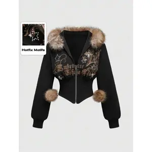 Grunge punk Y2K subculture retro leopard print collar hoodie, reconstructed vine print embellished for women’s graduation, back-to-school outfits, graduation, teacher outfits for women, back-to-school long-sleeve womenswear