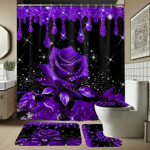 Rose Pattern Bath Curtain and Rug Set, Bathroom Shower Decor with Hooks, Non-Slip Bath Mat, U-Shaped Toilet Lid Cover Pad, Shower Curtain Sets