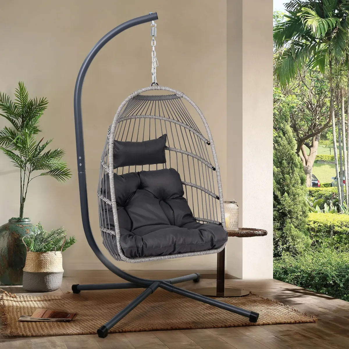 [Bellemave] Outdoor Egg Hanging Chair with Stand| Wicker Swing Chair| Indoor & Outdoor Use| Removable Cushion| Foldable Design