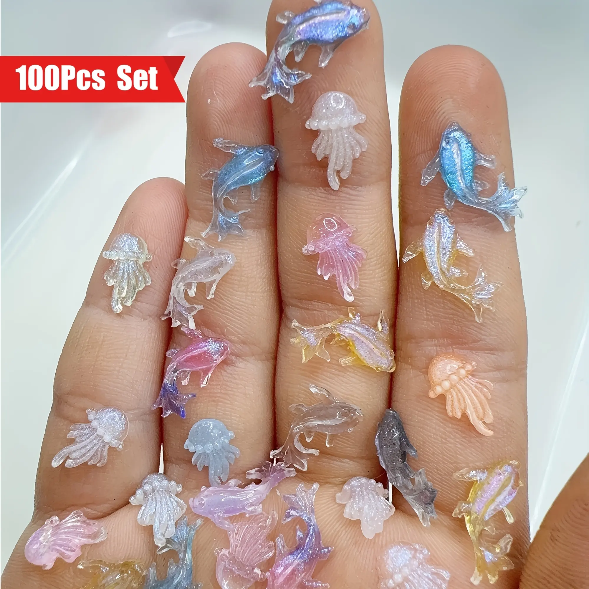 100 Mini Ocean Animal Nail Art Set, Home Nail Art, Cute Kawaii Resin Fish and Jellyfish Flatback Rhinestones, DIY Nail Decorations, Craft Accessories, DIY Crafting, Nail Art Stickers, Nail Art Supplies