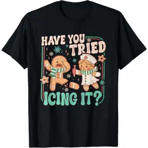 Men's Oversized Cotton Casual Short-Sleeve Menswear T-Shirt, Round Neck, Funny "Have You Tried Icing It?" Gingerbread Christmas Graphic Top