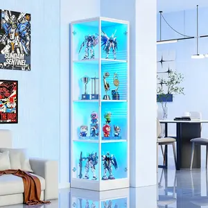 MIIFUNY Corner Display Cabinet with Doors, 4-Tier Corner Shelf&Bookcase for Collectibles, Toys, Books, Display Case with 3 Color Light, for Playroom, Bedroom, Study Room, White