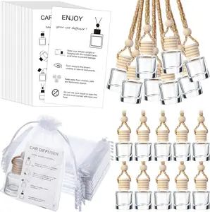 Sets Hanging Car Air Freshener Diffuser Bottles Empty Bulk with Car Diffuser Instruction Cards Organza Bags Glass Refillable Essential Oil Fragrance Aromatherapy Pendant (Cylindrical)