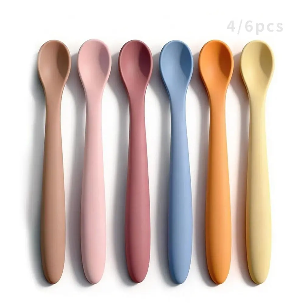 4/6 Pack Silicone Feeding Spoons, Training Spoon Set for Children, Soft Head First Stage Self-Feeding Utensils, Feeding Aid, Toddler Spoons