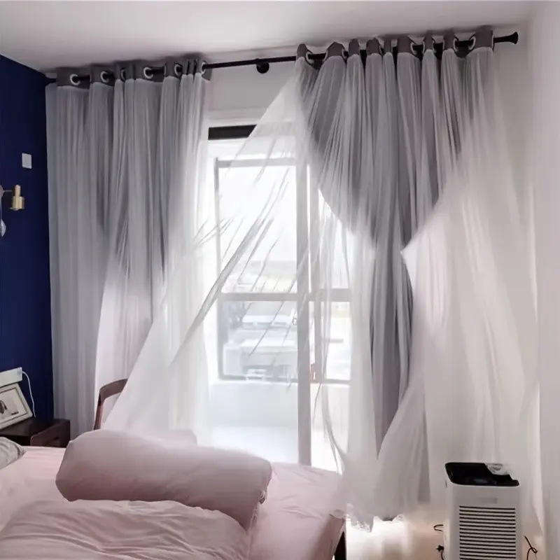 French Romantic Two-Layer Cloth Light-Blocking Finished Curtain, Home Decoration Curtain, Home Decorative Curtain, Home Textile, Polyester Curtain, Fashionable Hole Drapery for Living Room, Stylish and Trendy Window Covering