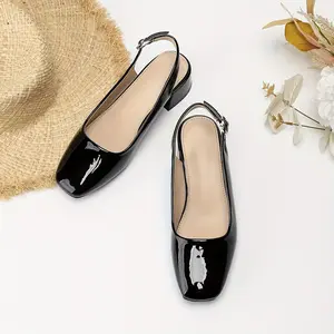 Womens Slingback Dress Shoes Square Toe Low Block Heels Comfortable Slip On Work Pumps For Date Wedding Party Black PU Leather Sandals