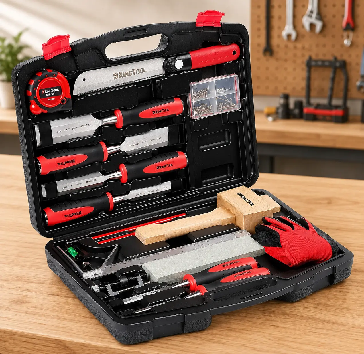 87-Piece Wood Chisel Set with 6 Cr-V Chisels, Honing Guide, Sharpening Stone, Dovetail Saw, Mallet & Storage Case